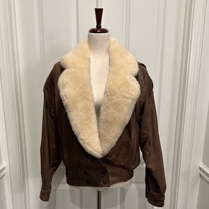 Vintage Brown Leather Jacket with Removable Lamb Fur Collar